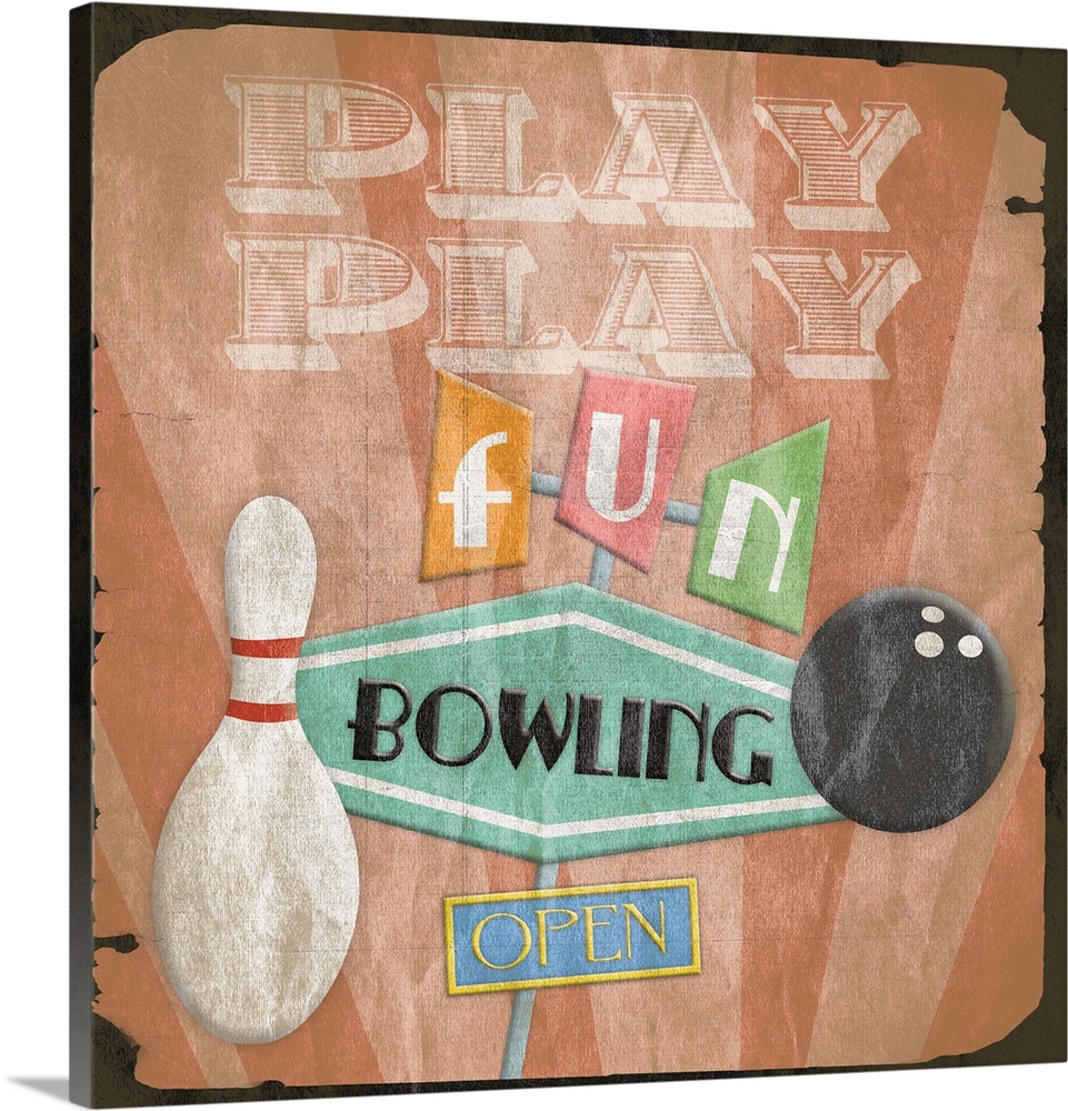 Retro bowling alley sign artwork, with a rustic faded border around the image.