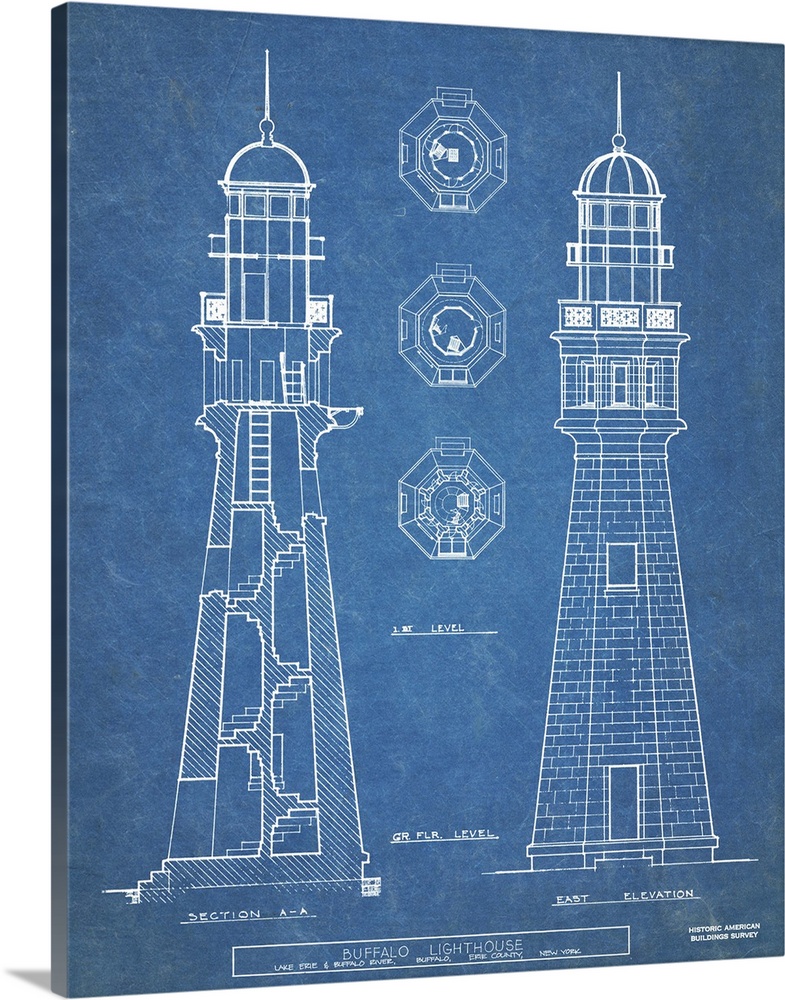 Contemporary artwork in technical blueprint style of Buffalo lighthouse.