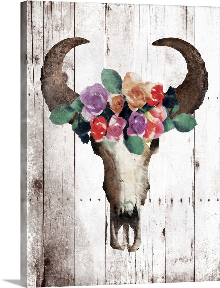 A painting of a bull skull wearing a crown made out of flowers on a wood panel background.