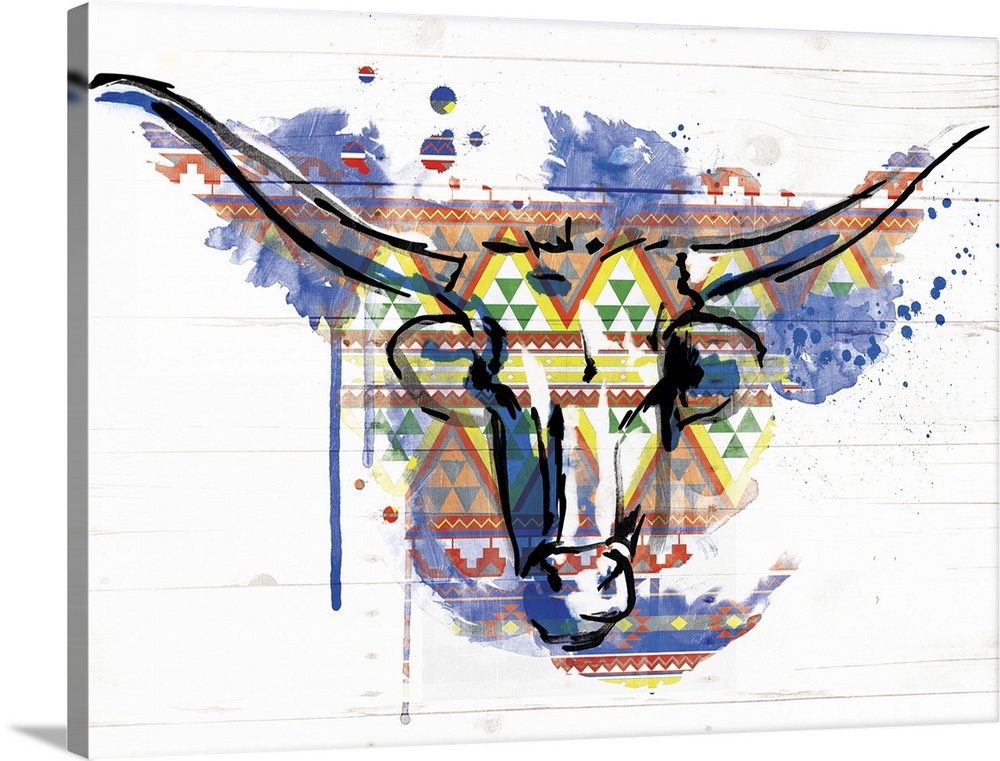 A black outline of a bull?s head with a colorful, paint splatter and geometric shaped pattern background.�