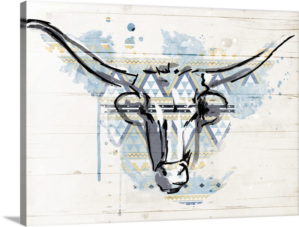A black outline of a bull?s head with a blue and yellow paint splatter and geometric shaped pattern background.�