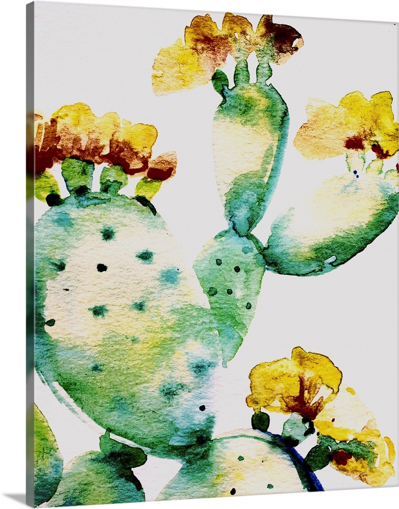 Watercolor painting of a prickly pear cactus close up in shades of green, blue, yellow, and red on a solid white background.