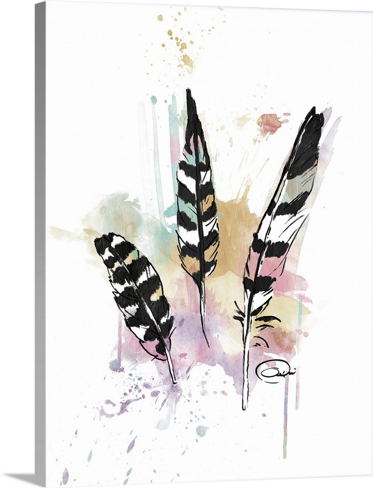A watercolor painting of three black and white feathers with a colorful, paint splattered background.