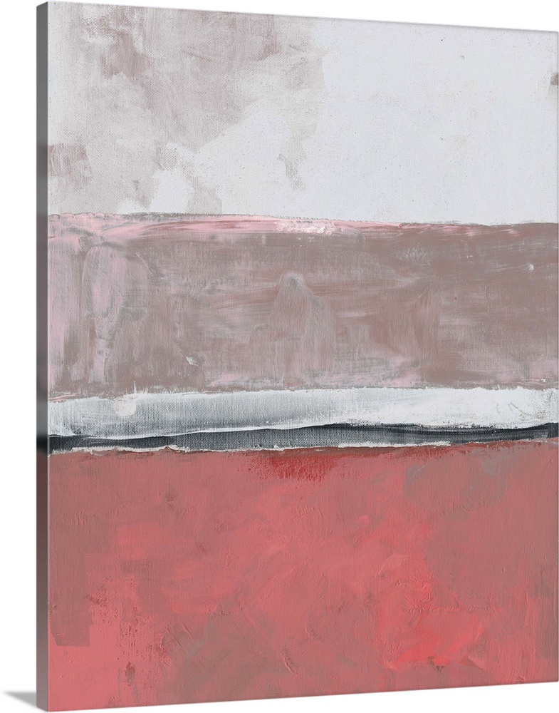 Abstract color block artwork in shades of coral pink and pale grey.