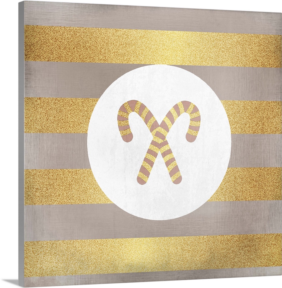 Crossed candy canes in a white circle over gold stripes.