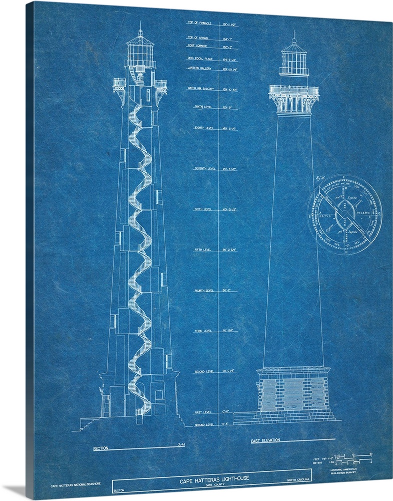 Contemporary artwork in technical blueprint style of Cape Hatteras lighthouse.