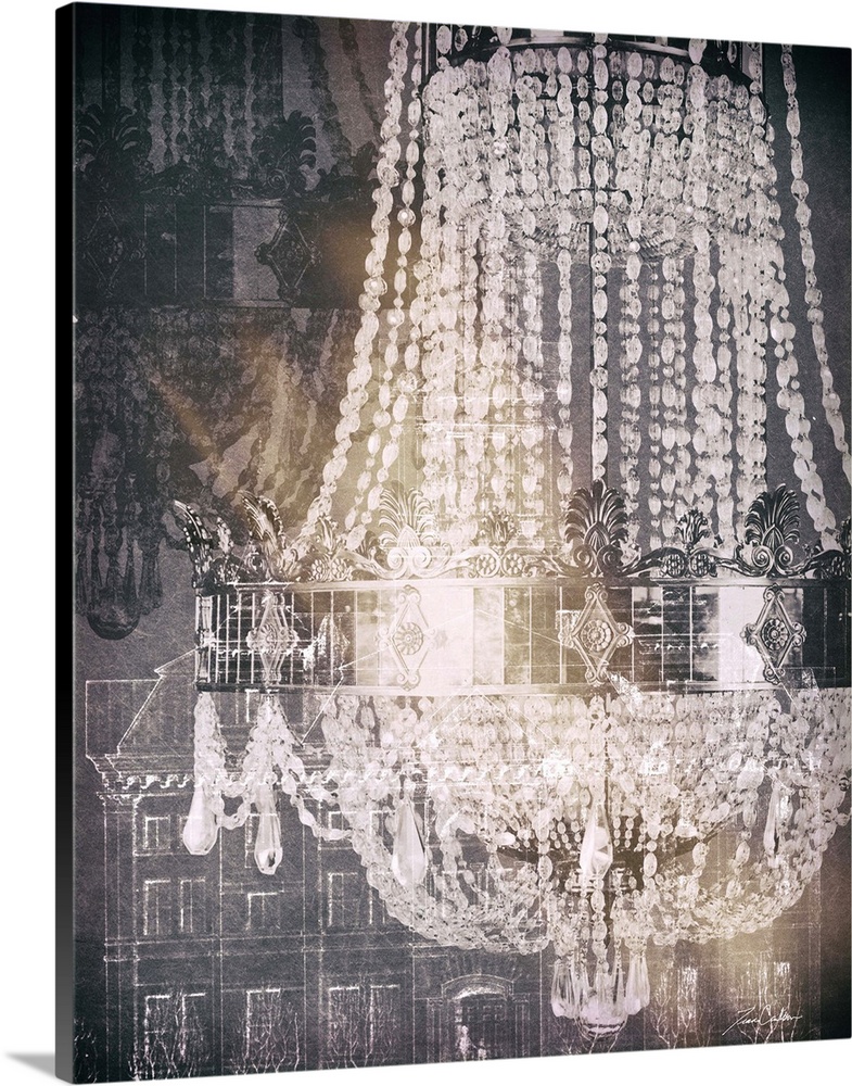 Contemporary artwork of crystal chandelier in a collage, with an architectural drawing in the background of the image.