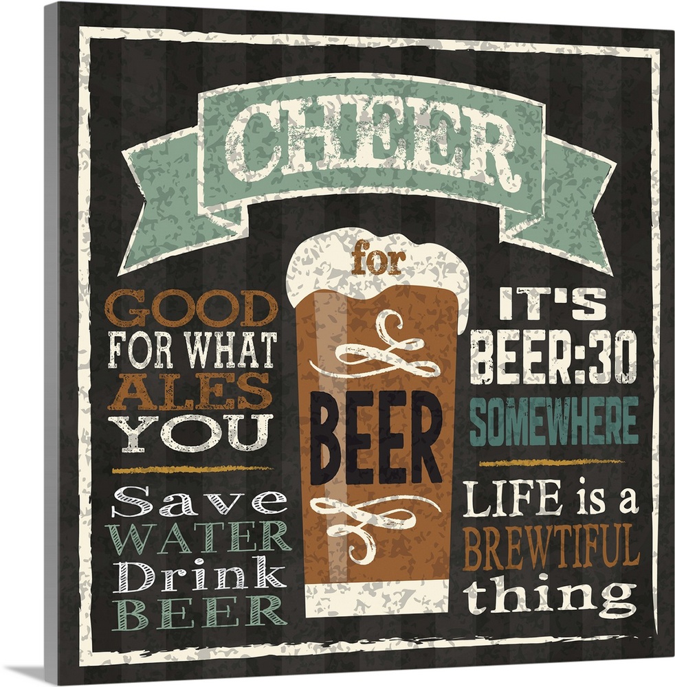 Chalkboard style artwork featuring a  glass of beer and beer-related phrases.