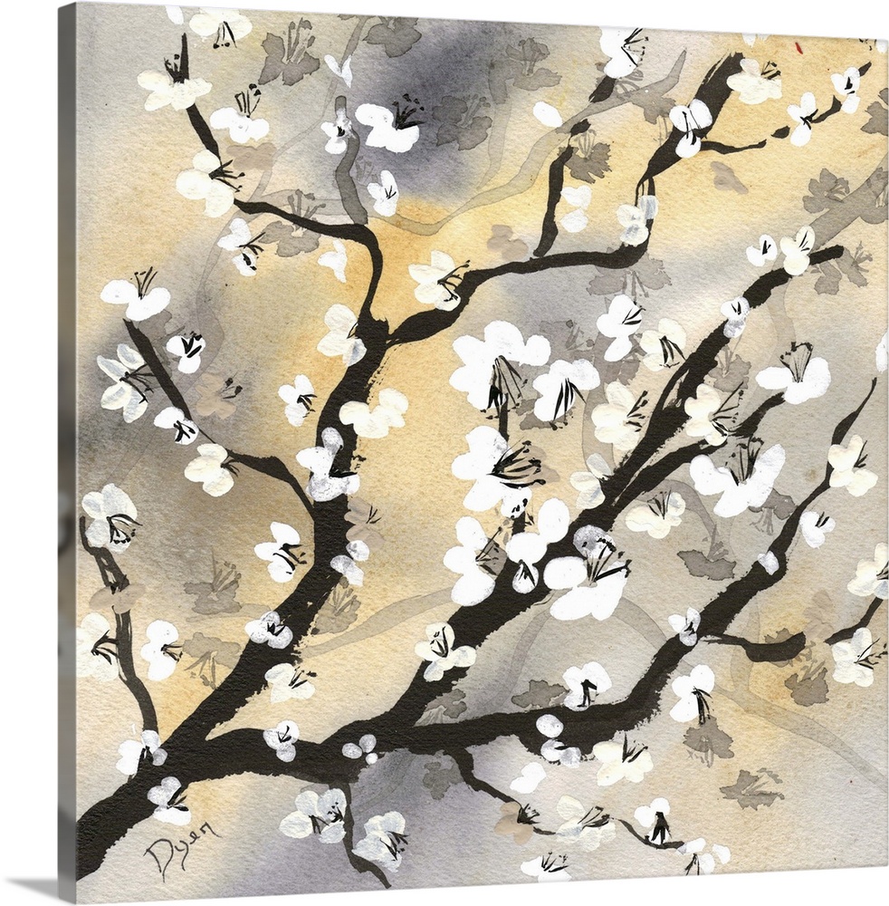 Painting of cherry blossom tree branch, with tiny white blossoms. Against an earth toned background.
