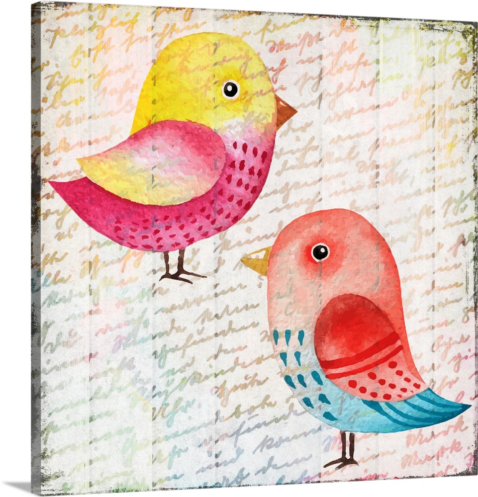 A colorful painting of two birds on a handwritten background.