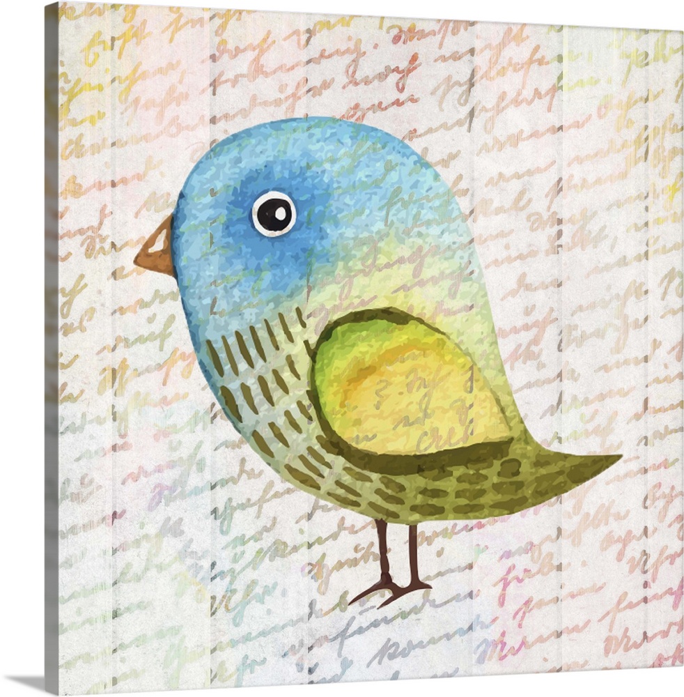 A colorful painting of a bird on a handwritten background.