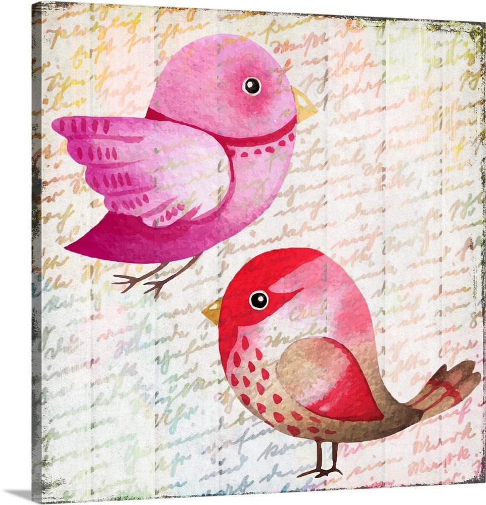 A colorful painting of two birds on a handwritten background.