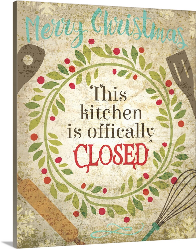 Humorous holiday kitchen art featuring a holly wreath and kitchen utensils.