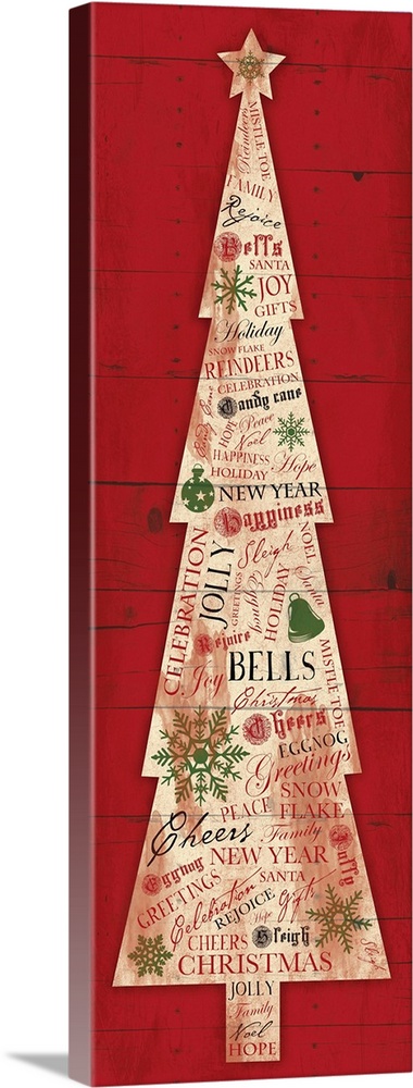 Seasonal artwork of Christmas tree made of articles of newsprint against red background.