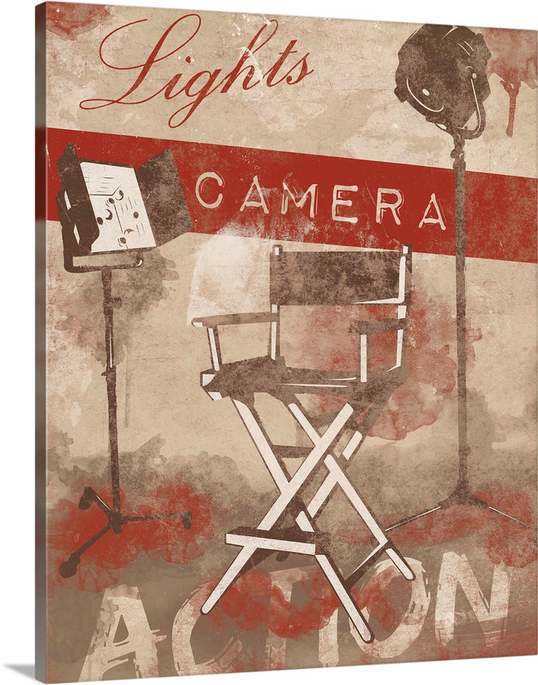 Image depicting directors chair and studio lights, with the word "Action" across the bottom of the image in a weathered vi...