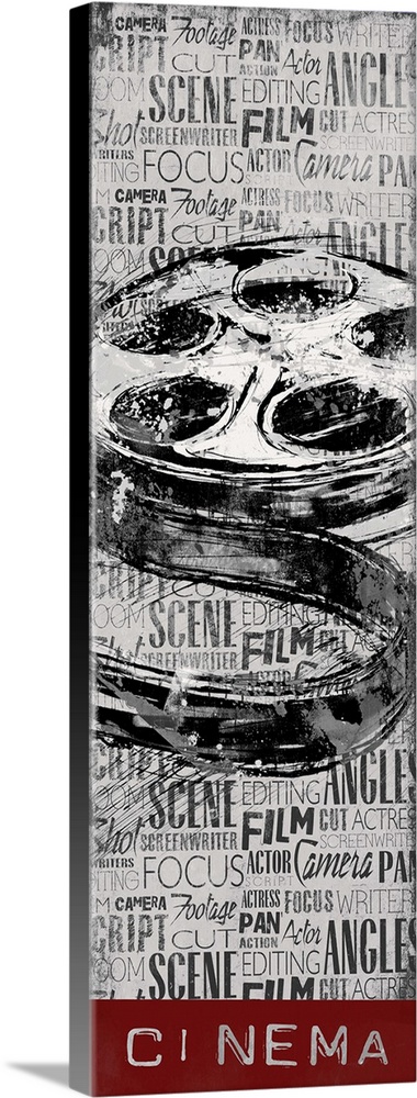 A vintage film reel on a background filled with layers of text, with the word "cinema" at the bottom.