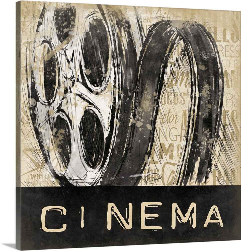 Contemporary artwork with sketch stylized film reel against a text background. The word "Cinema " at the bottom of the image.