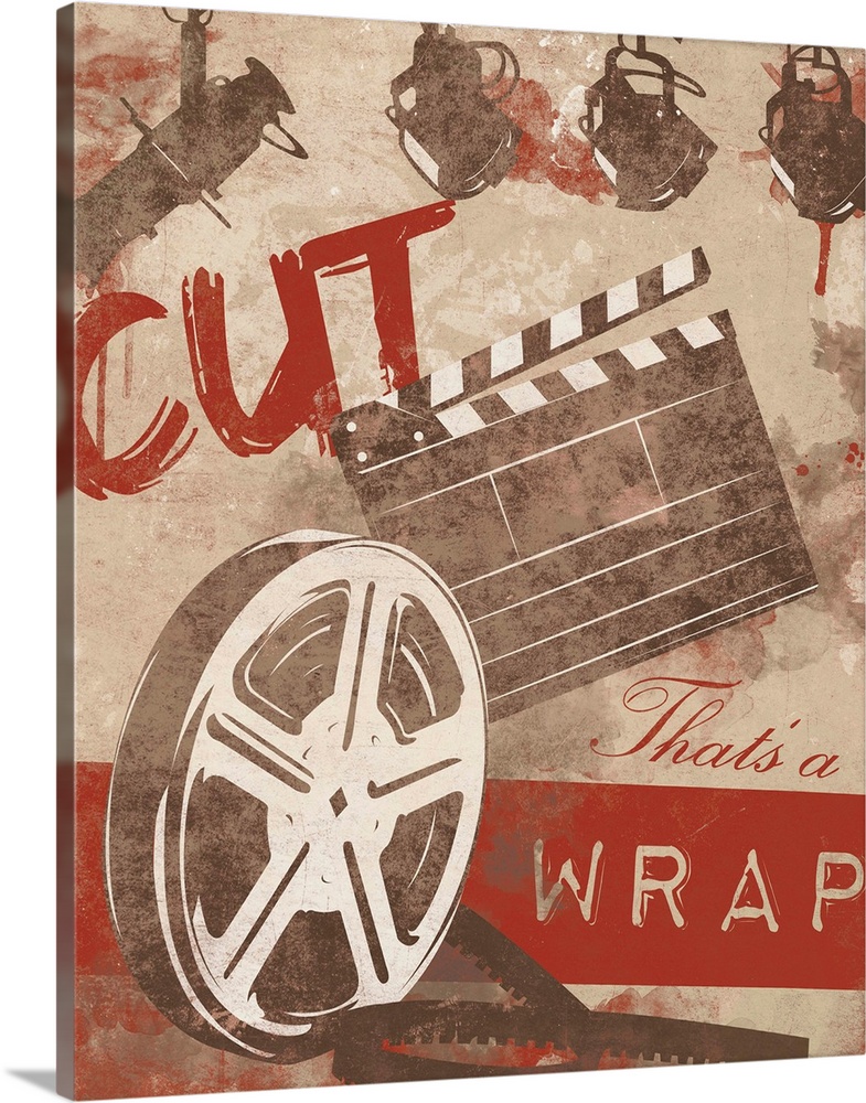Image depicting film reel and clap board, with the phrase "That's a wrap" at the bottom of the image in a weathered vintag...