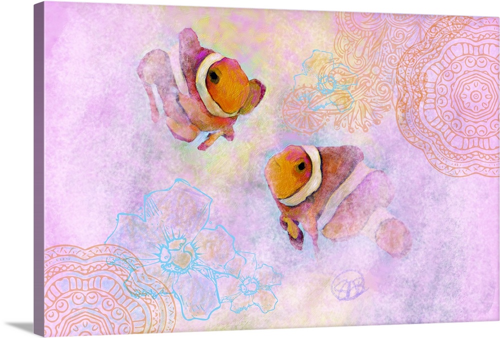 Artwork of two orange striped clownfish on a pastel pink background.