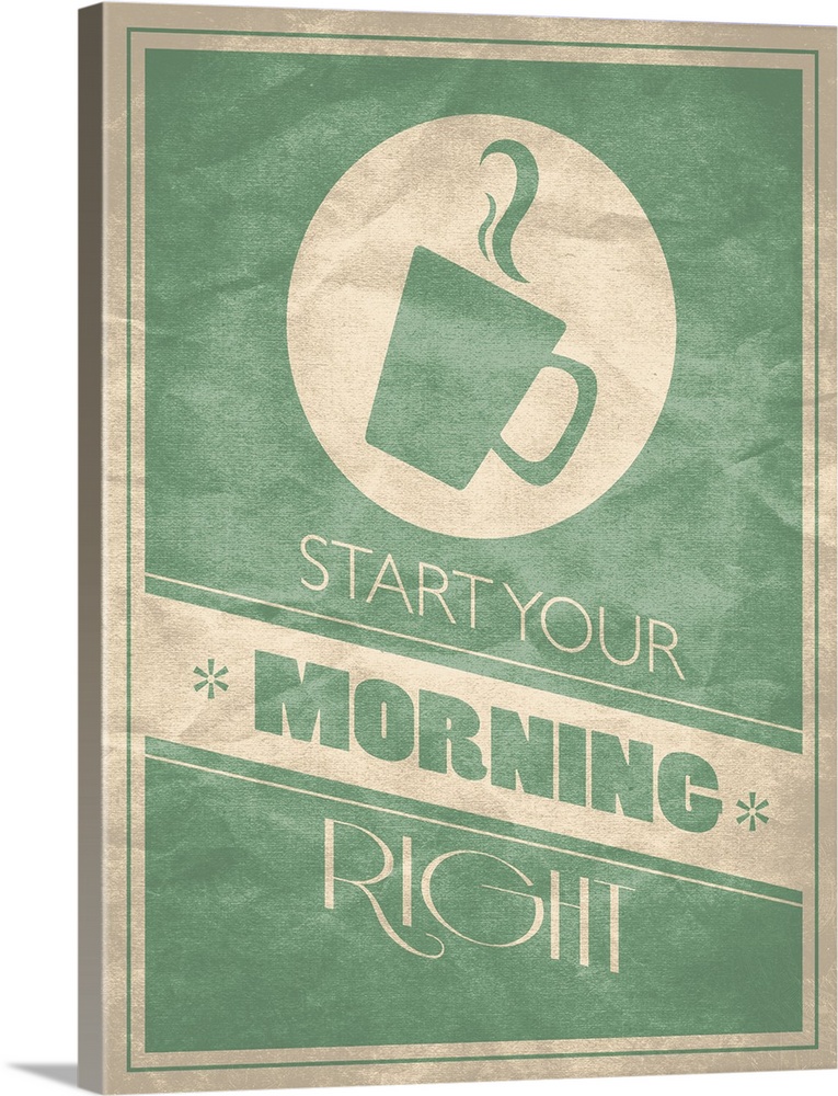 Minimalist rustic, weathered looking poster depicting, a steaming coffee cup and the quote, "Start your morning right".