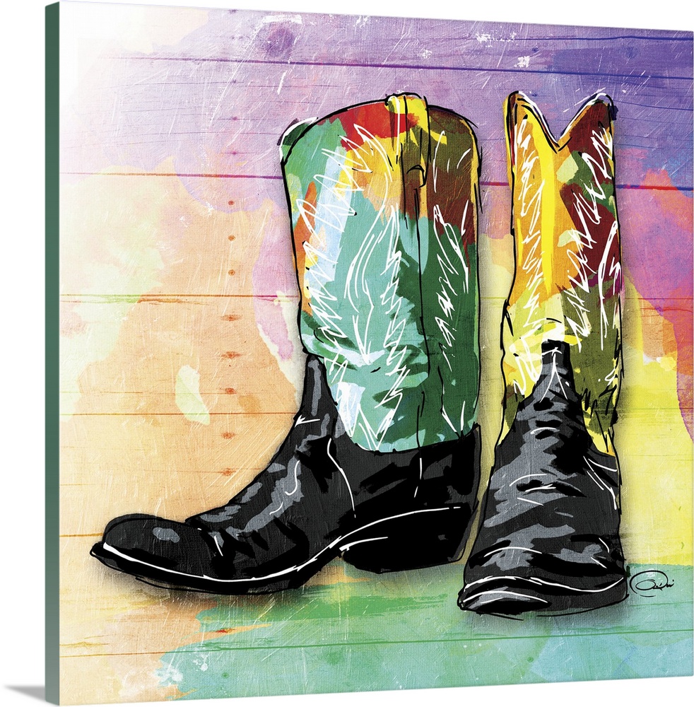 A painting of colorful cowboy boots on a multicolored wood paneled background.