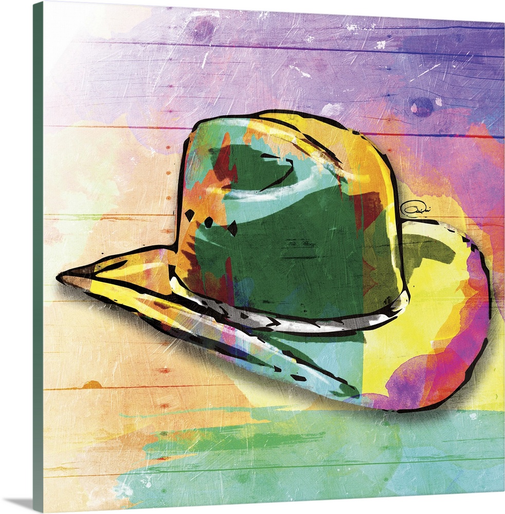 A painting of a colorful cowboy hat on a multicolored wood paneled background.
