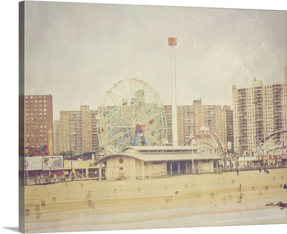 The beach and amusement rides at Coney Island.