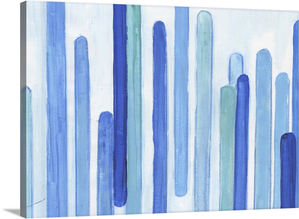 Contemporary abstract artwork made of several vertical lines in blue tones.