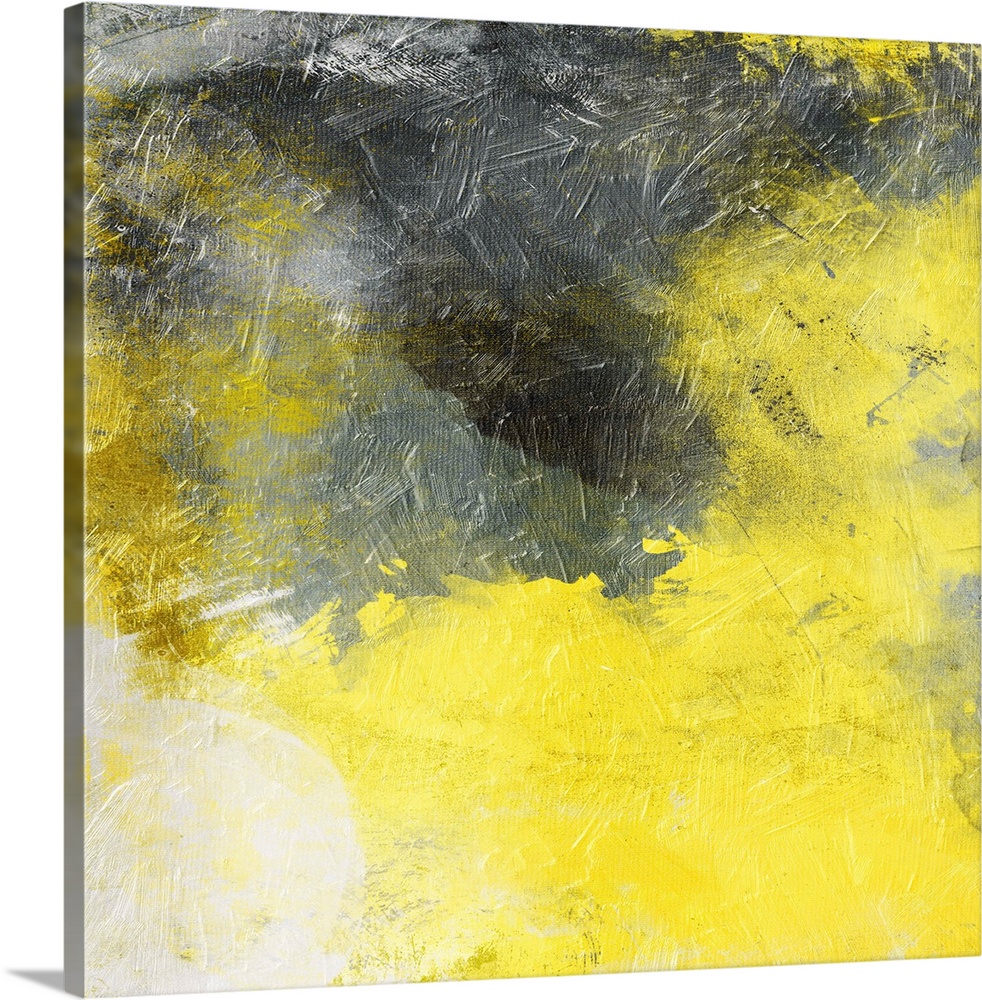 Bright yellow and dark gray merging together in this abstract painting.