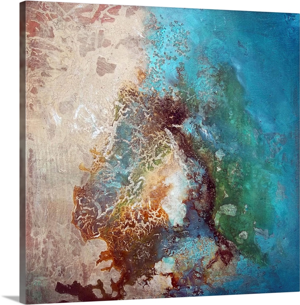 Contemporary abstract painting using vibrant cool tones colliding with a raw earth tones to create a deep palette of color...