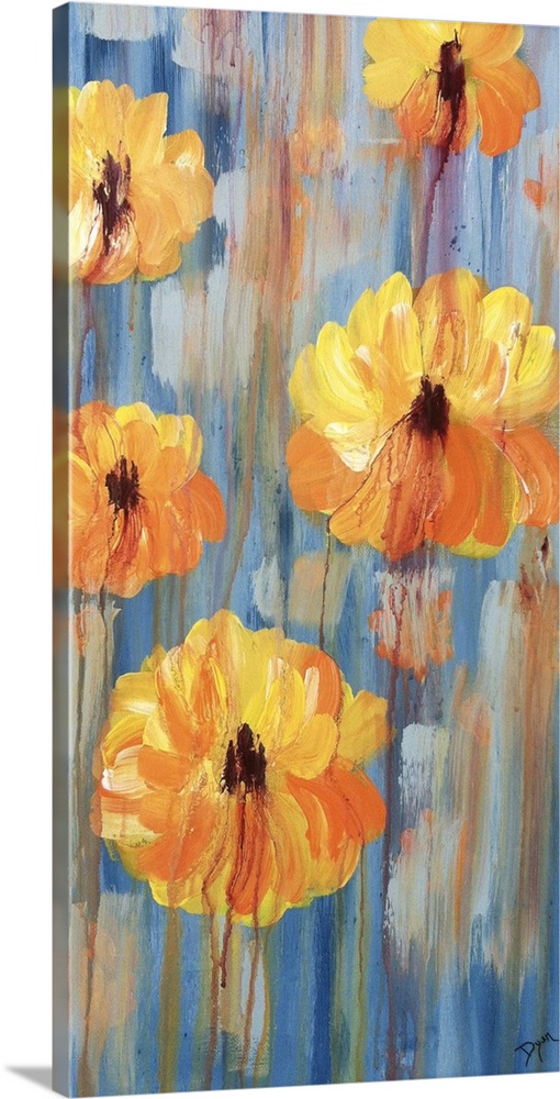 Vertical contemporary painting of cosmos flowers floating on a mutli-toned surfed. With streaks running from the top to th...