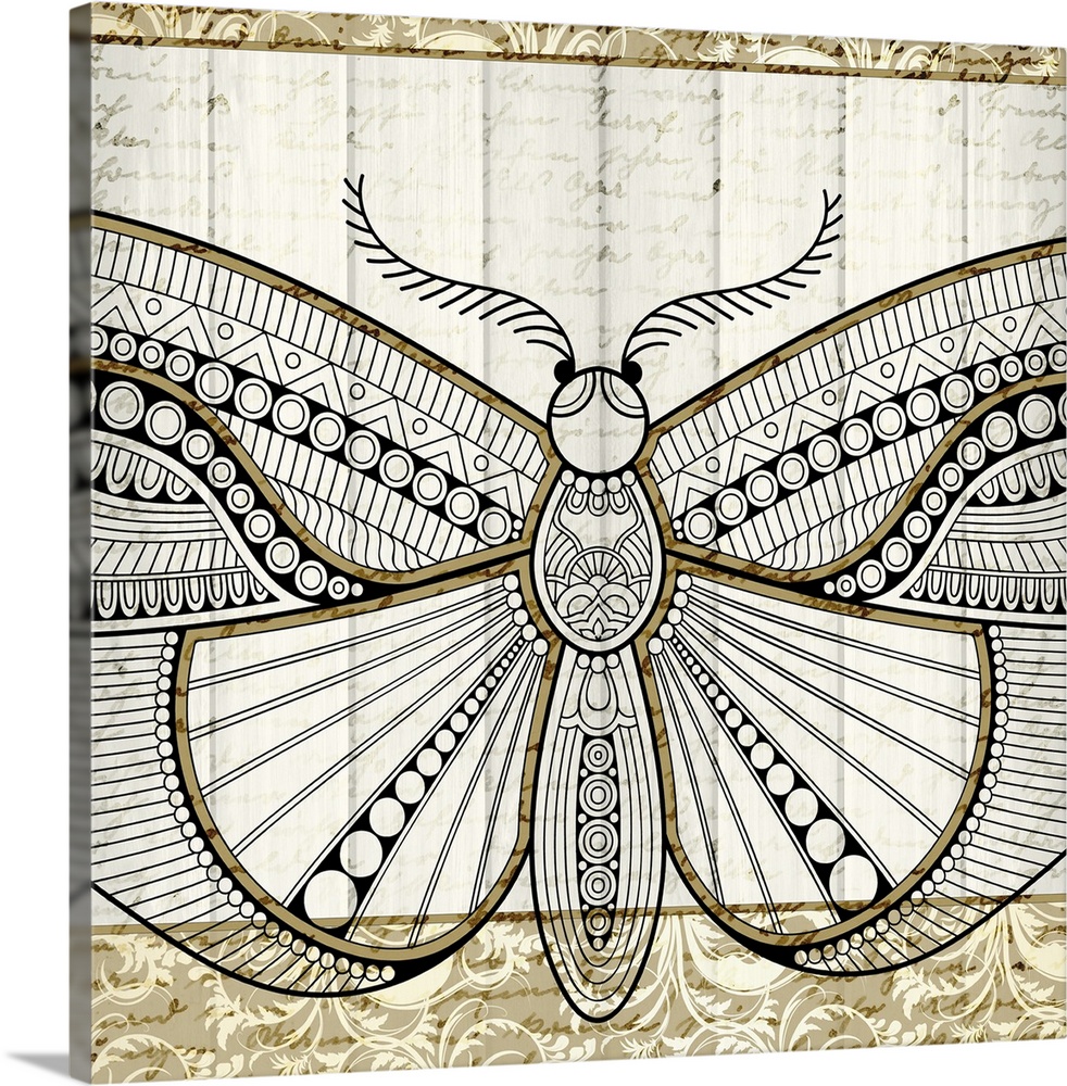 A black and gold symmetrically designed butterfly on a white wood panel background with faint handwritten text.