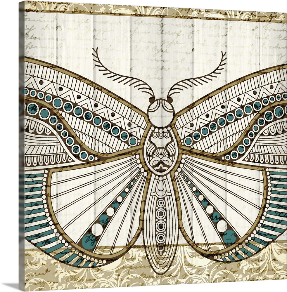 Square art that has a butterfly with intricately designed wings in teal, tan, and brown on a white wood panel background w...