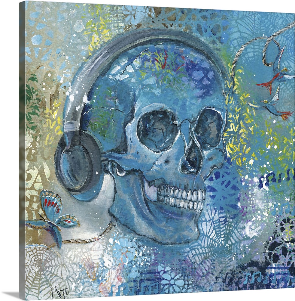 Contemporary painting of a skull wearing headphones.