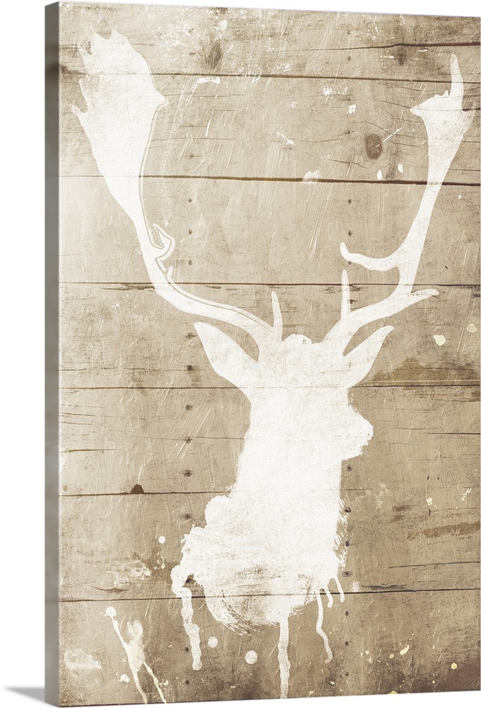 A white silhouette of a deer painted on a wood background with some paint drips and splatter.