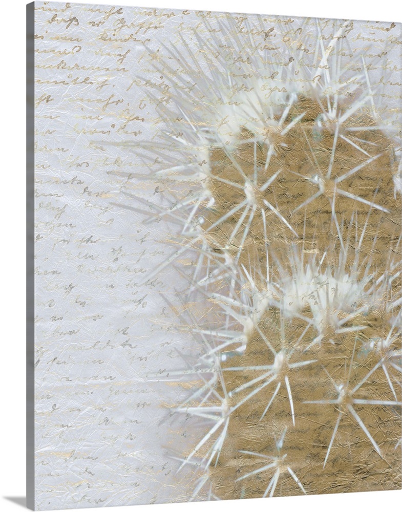 Gold desert cactus on a white background with faint gold handwritten text.