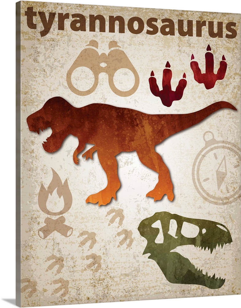 Tyrannosaurus Rex artwork featuring a silhouette with footprints and a skull.