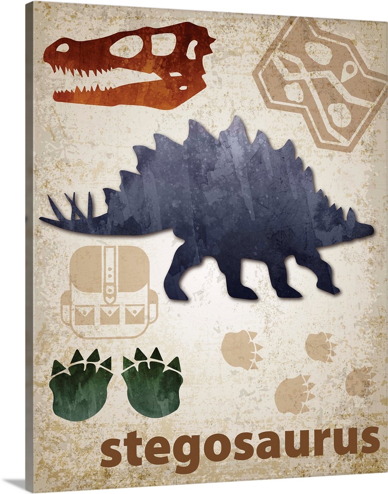 Stegosaurus artwork featuring a silhouette with footprints and a skull.