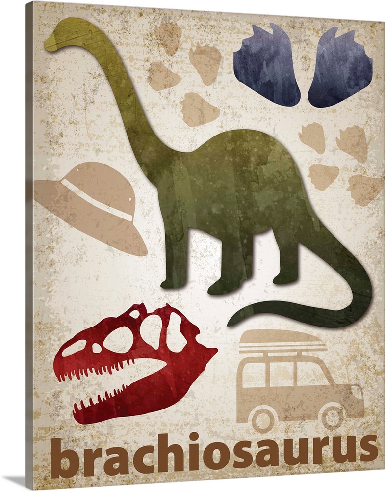 Brachiosaurus artwork featuring a silhouette with footprints and a skull.