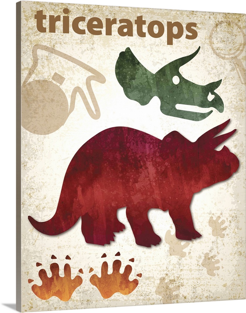 Triceratops artwork featuring a silhouette with footprints and a skull.