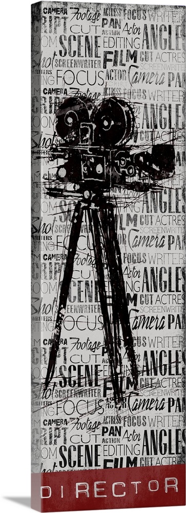 A vintage camera on a background filled with layers of text, with the word "Director" at the bottom.