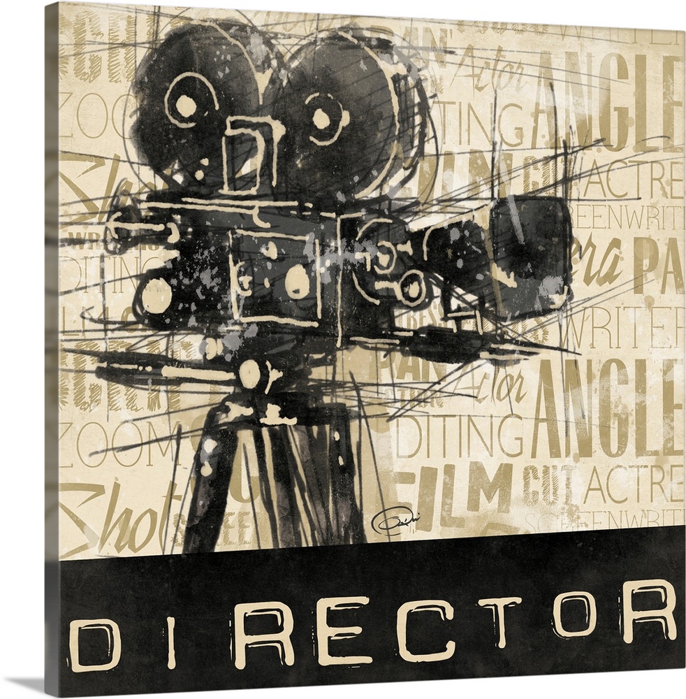 Contemporary artwork with sketch stylized movie camera against a text background. The word "Director " at the bottom of th...