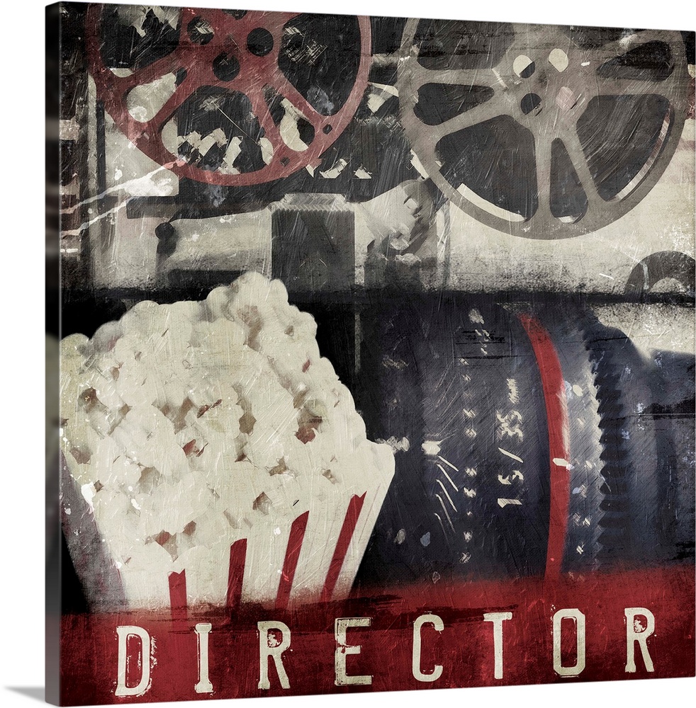 A vintage square theater art piece with popcorn, a camera, and film reels with the word ?Director? at painted the bottom.�