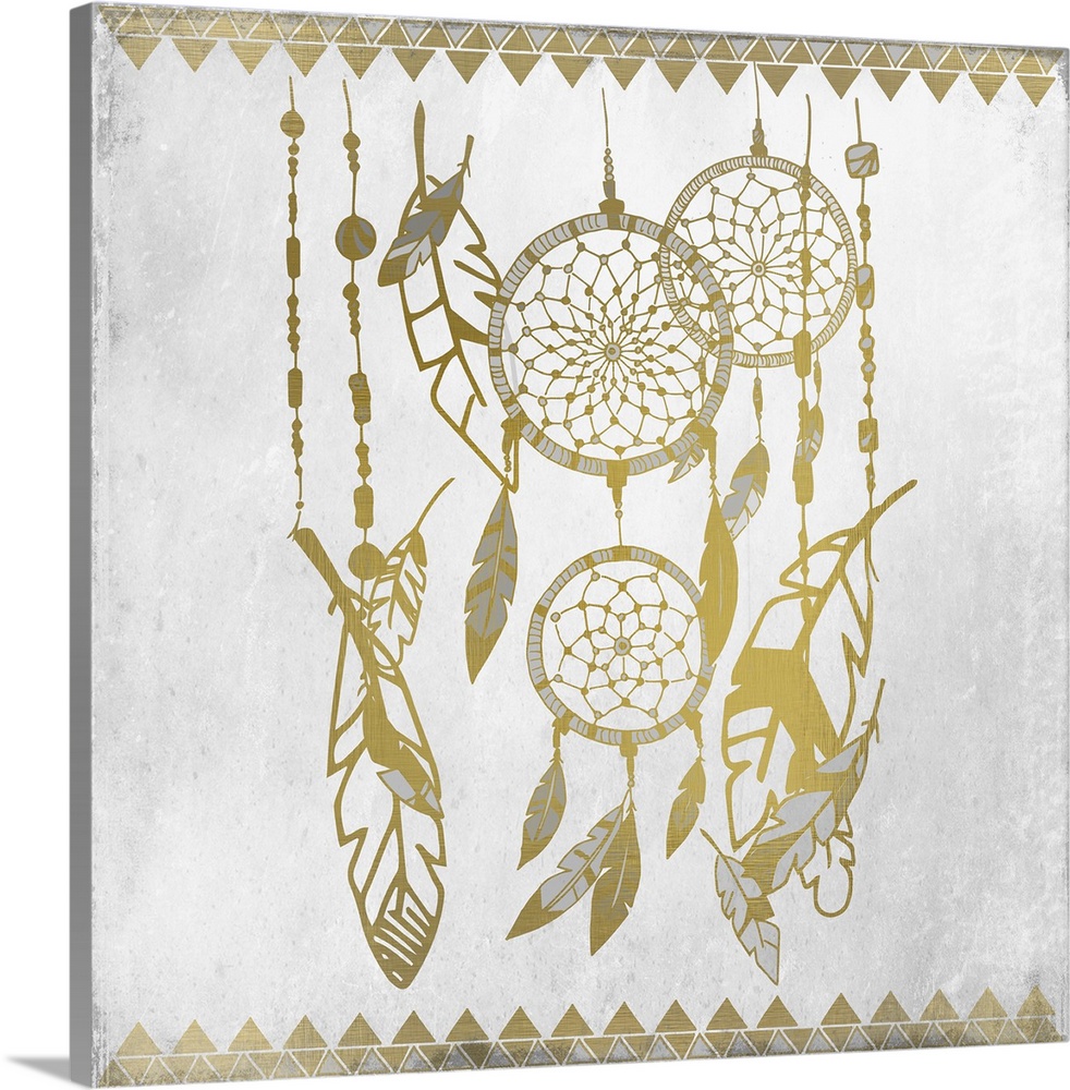 Gold and silver dreamcatcher and feather design.