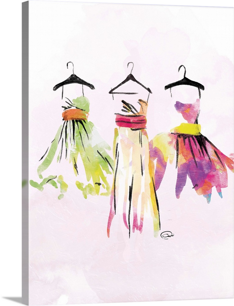 Contemporary watercolor artwork of colorful dresses hanging on black hangers against a pale pink background.