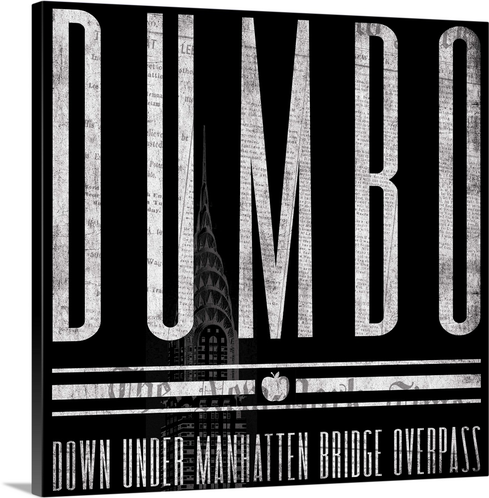 Typographical artwork of New York City destination DUMBO against a black background, with the Chrysler Building.