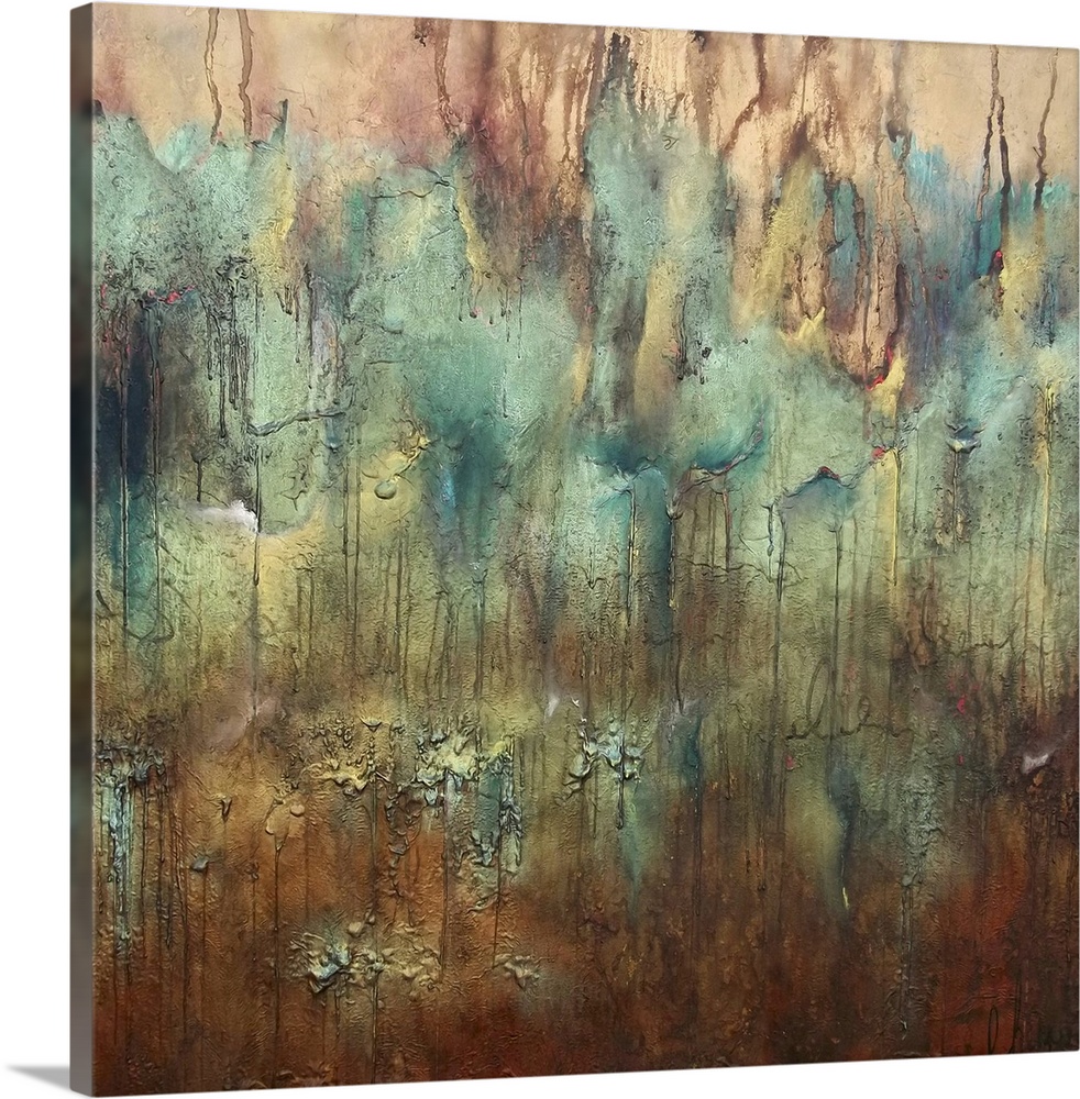Contemporary abstract painting using rich earth tones mixed with pale cool tones.