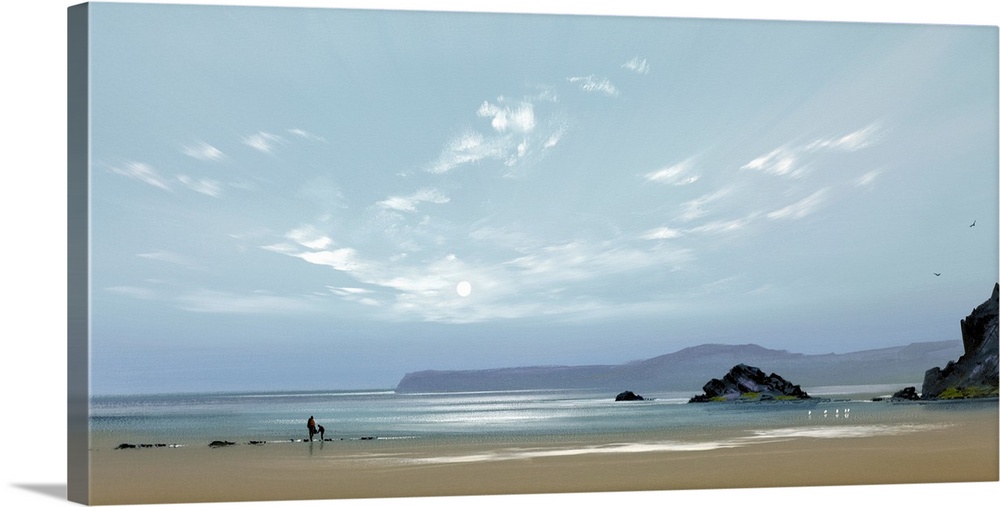 Contemporary painting of a pale blue sky over a wide sandy beach.