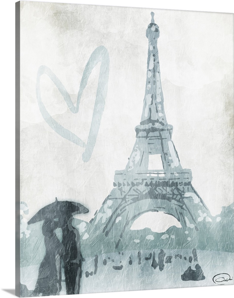 Contemporary travel artwork of a view of the Eiffel Tower in Paris with the silhouette of a couple under an umbrella.