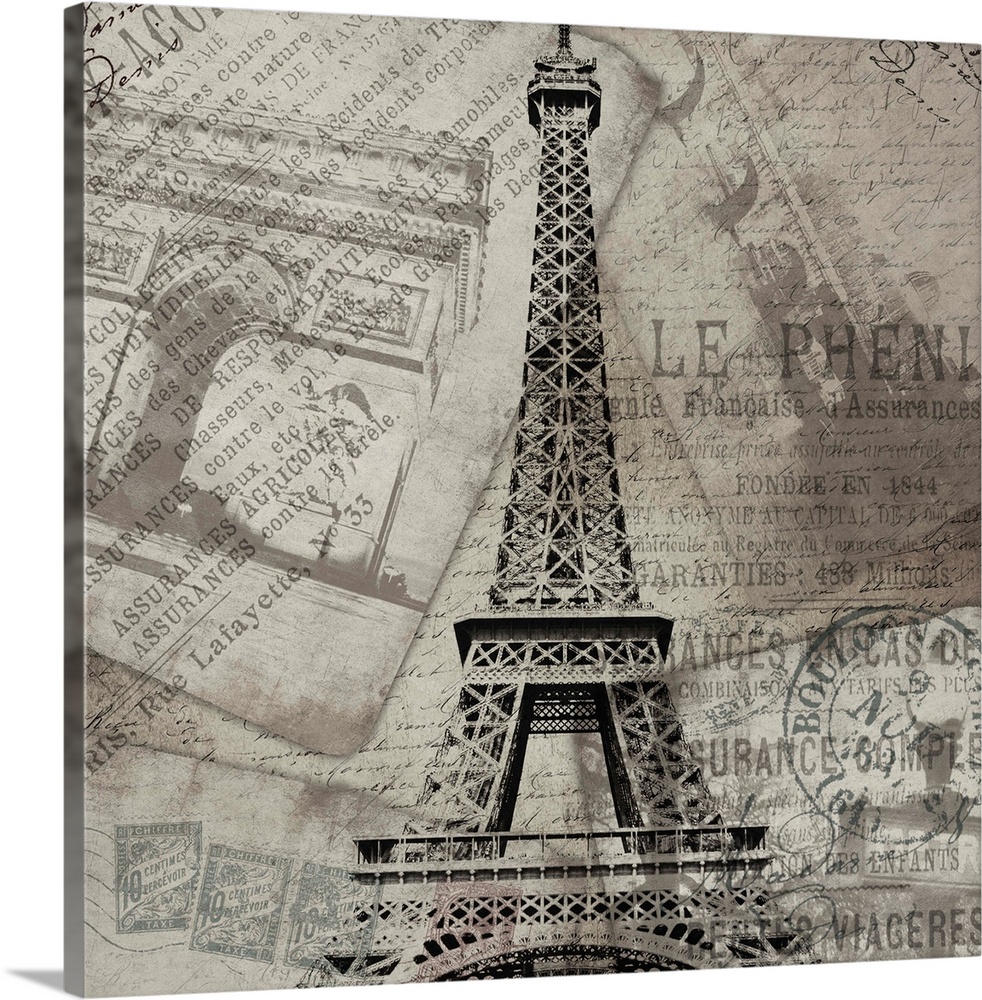 Contemporary artwork of the Eiffel Tower against travel and postage documentation in black and white.
